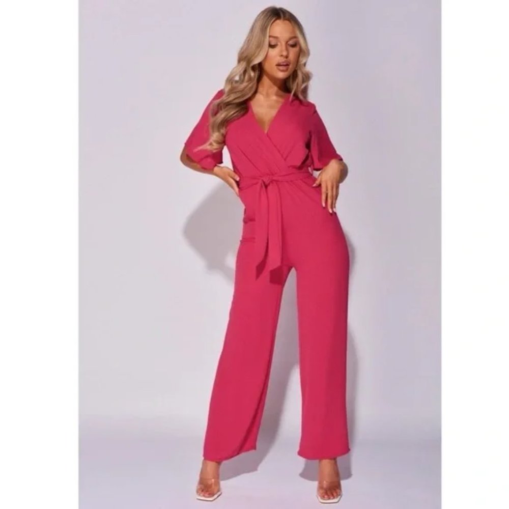 Pink Short Sleeve V-Neck Loose Fit Wide Leg Jumpsuit Playsuit - Picture 10 of 13